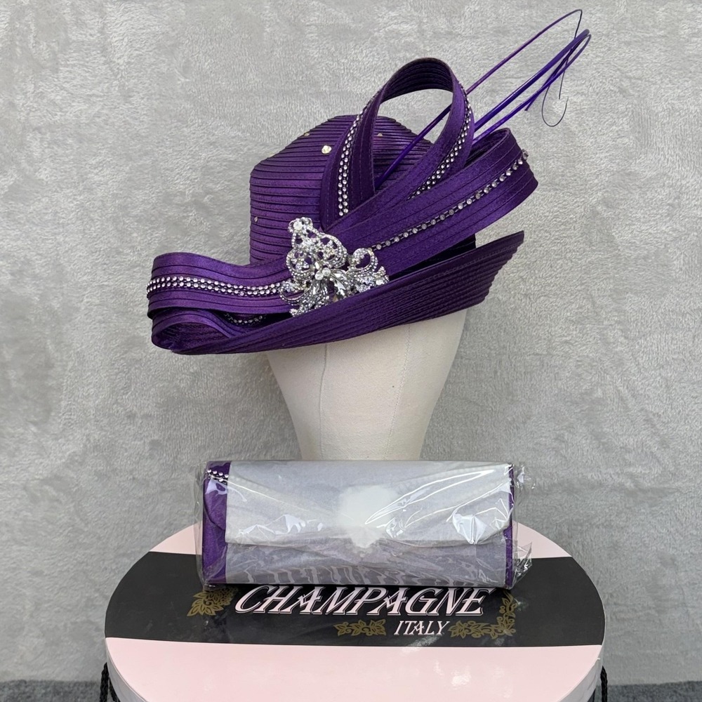 Champagne Italy Hat & Purse SET Womens Purple Rhinestone Derby Church NWT